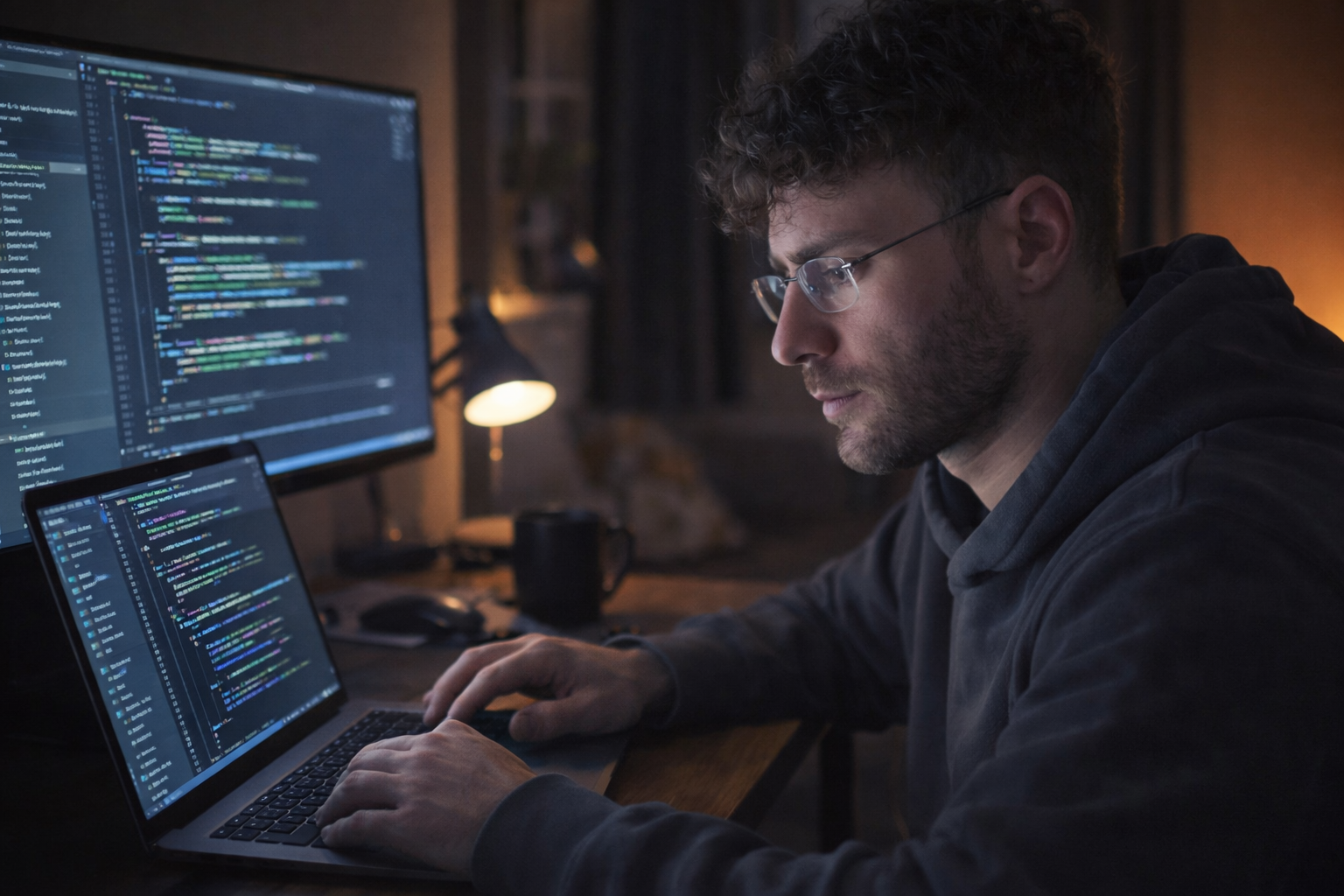 Blair coding at his workstation
