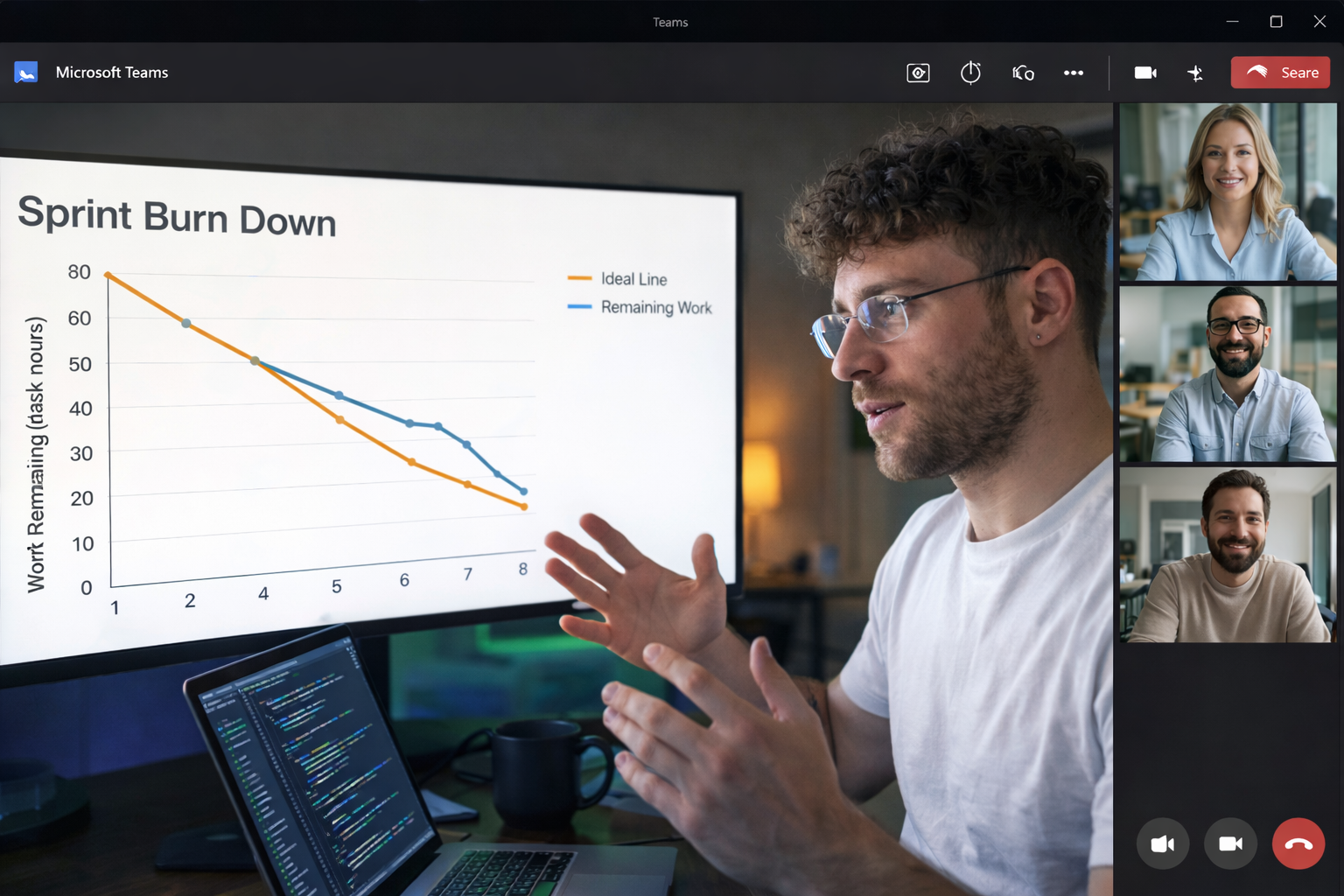 Blair presenting a sprint burndown chart during a team review