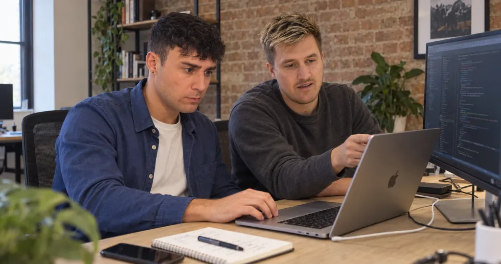Two engineers reviewing code together on a laptop